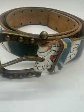 Ed Hardy White Blue Brown Studded Leather Belt